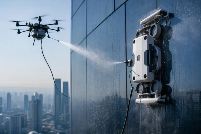China automatiza la limpieza de rascacielos con drones y robots escaladores
